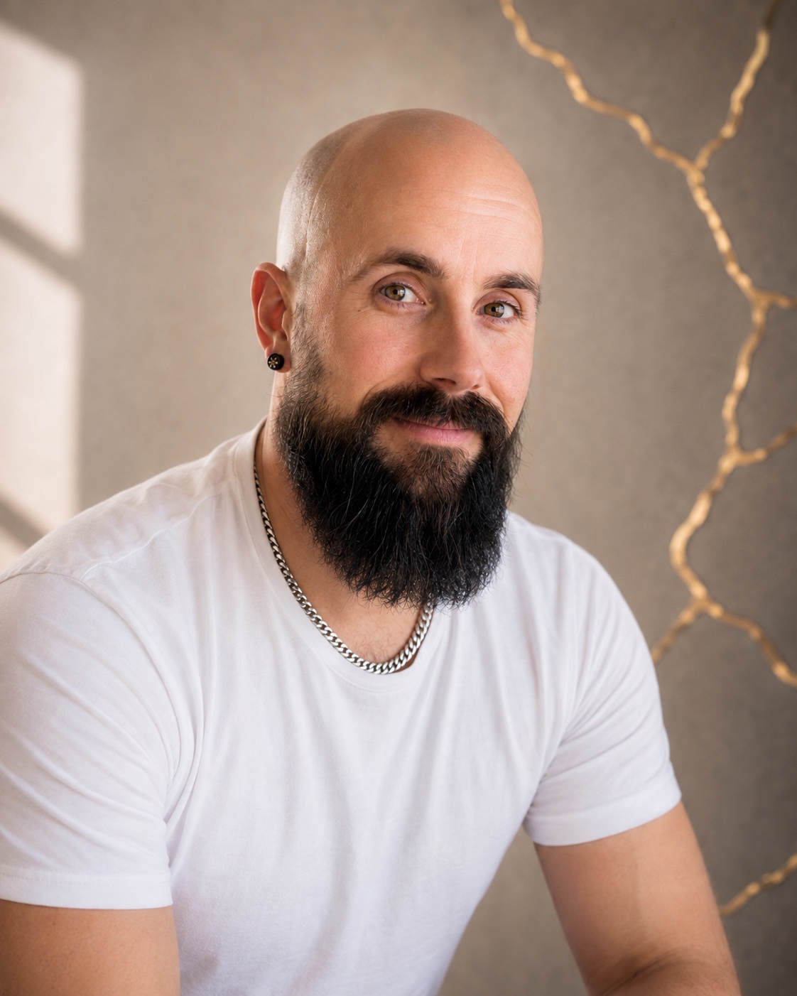 David Montminy, fondateur de NVICTŪS, devant un décor ivoire aux veines dorées